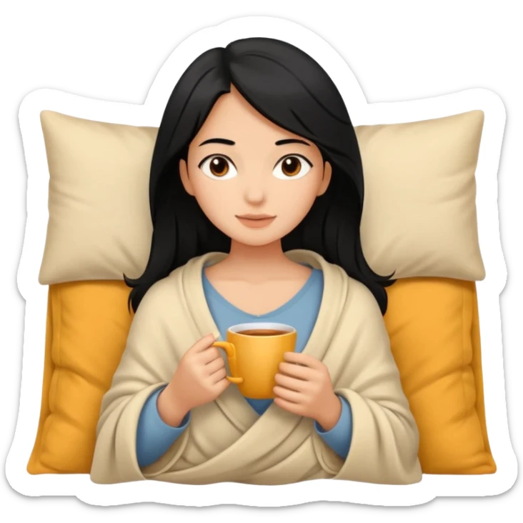 “A relaxed girl with black hair and tan skin, calm facial expression, half of her body covered with a blanket, holding a cup of tea sticker