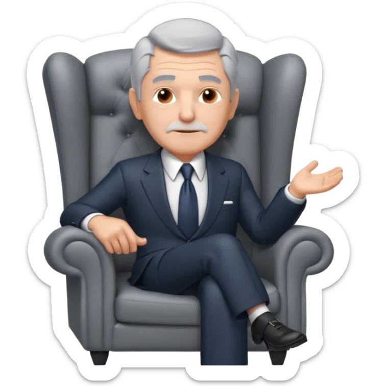 elderly businessman sitting in an armchair, wearing a formal suit and tie, gray hair, confident wise expression, corporate boss vibe, 3D cartoon style, mobile game icon style, clean background, no text, no watermark
 sticker