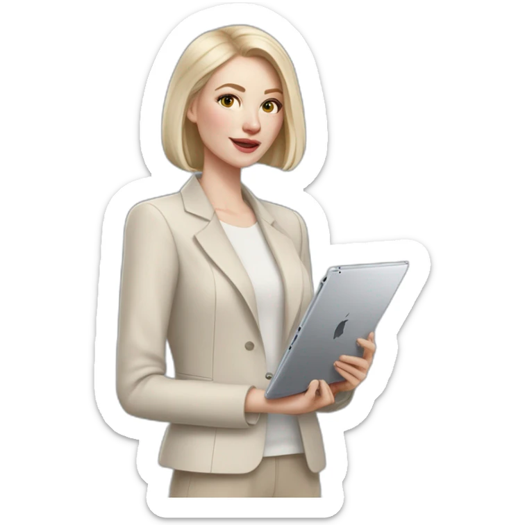 pale skin woman with ash blonde Straightened bob Hair, White Spacious classical jacket, beige palazzo Arrow pants and gray blouse holding a IPad Pro 12.9” in the hands sticker