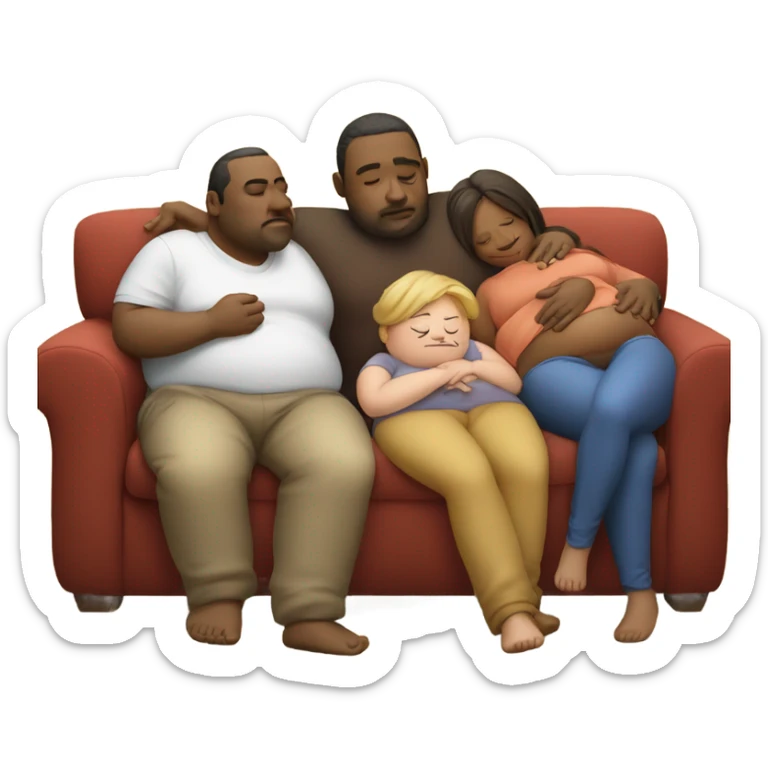 Family sitting on couch sleeping with fat belly’s after eating too much turkey sticker