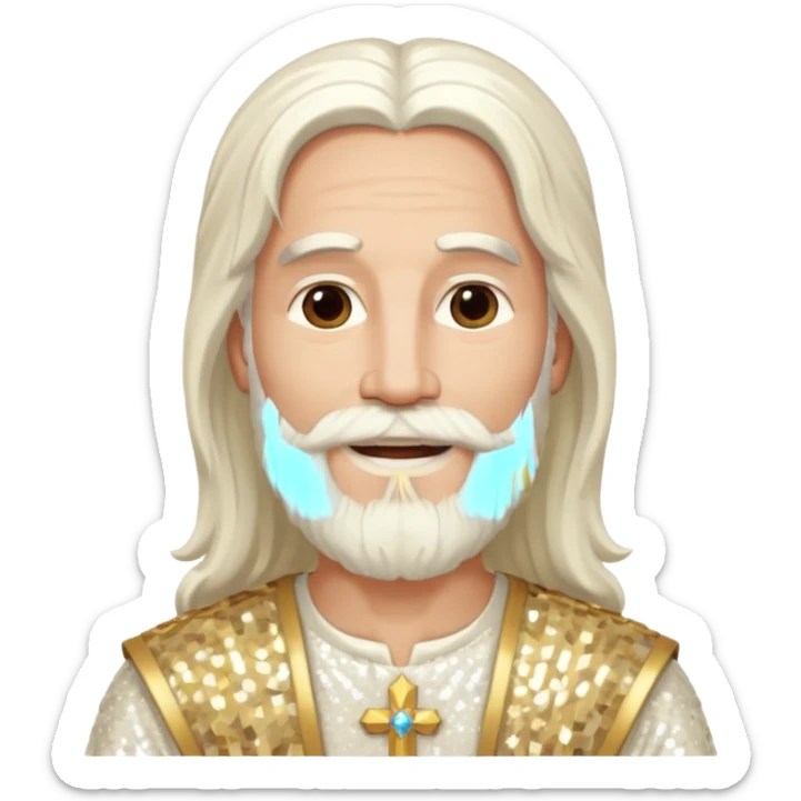 Jesus, Son of God from Gods and Goddesses with long white hair and beard, ivory sequin outfit sticker