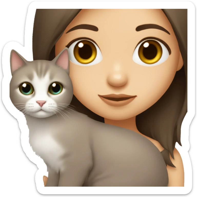 Dark brown straight hair girl with holding fluffy Siberian white cat  sticker