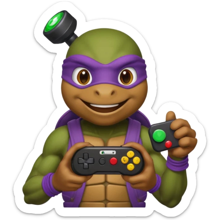 Donatello from Teenage Mutant Ninja Turtles, emoji style, holding a joystick and smiling sticker