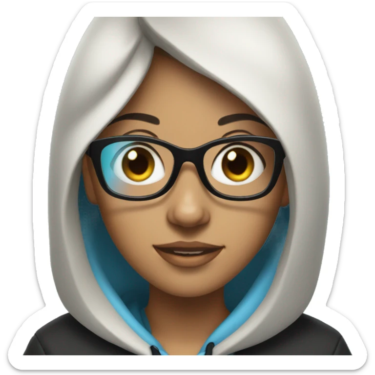 A Girl with black hair, lights blue glasses and a black hoodie  sticker