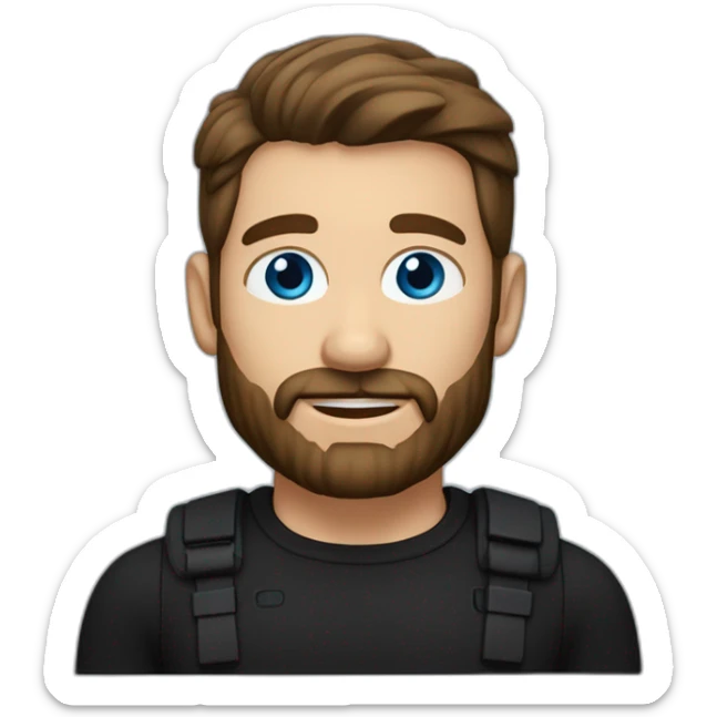 White man with a slight sun kissed tan, blue eyes and dark brown hair. He has a beard and mustache trimmed. Wears black clothing and wears his hair styled sideways backwards. sticker