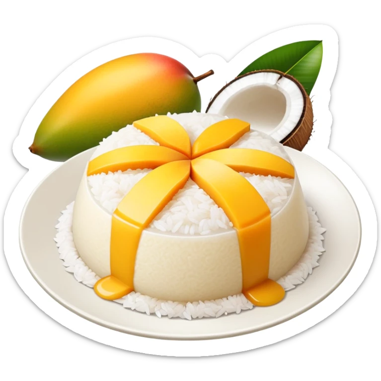 cinematic-realistic-mango-sticky-rice-dessert-emoji,-showcasing-sweet-sticky-rice-paired-with-ripe-mango-slices-and-coconut-milk-rendered-with-lifelike-detail-and-warm,-inviting-lighting sticker