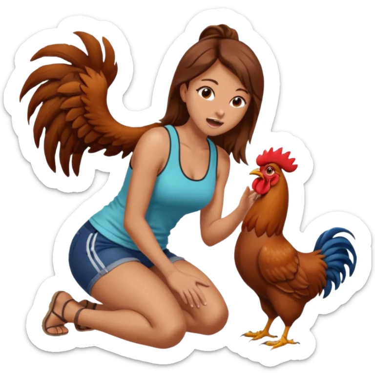 Kneeling Brown hair very large boob Woman open mouth tank top touching one rooster sticker