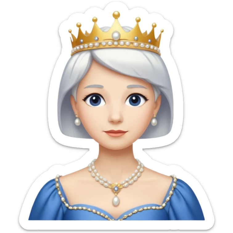 Queen with white short hair – gold tiara, pearl necklace, elegant gown, blue dress sticker