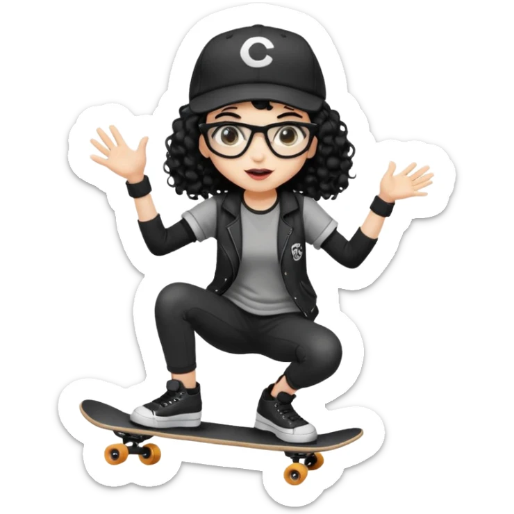["An excited girl with light skin, curly hair, wearing a baseball cap and square glasses, dressed in goth fashion, is skateboarding while holding a camera."] Pixal sticker