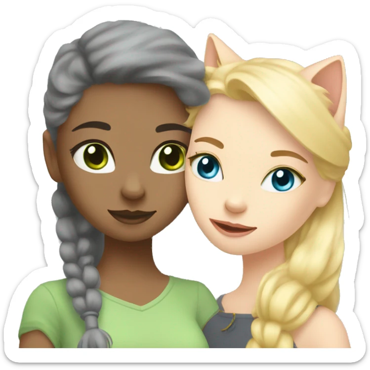 blue eyes grey kitten and green eyes blonde girl are friends sticker