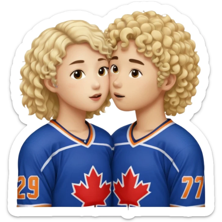 Asian hickey player kissing curly hair blonde hockey player sticker