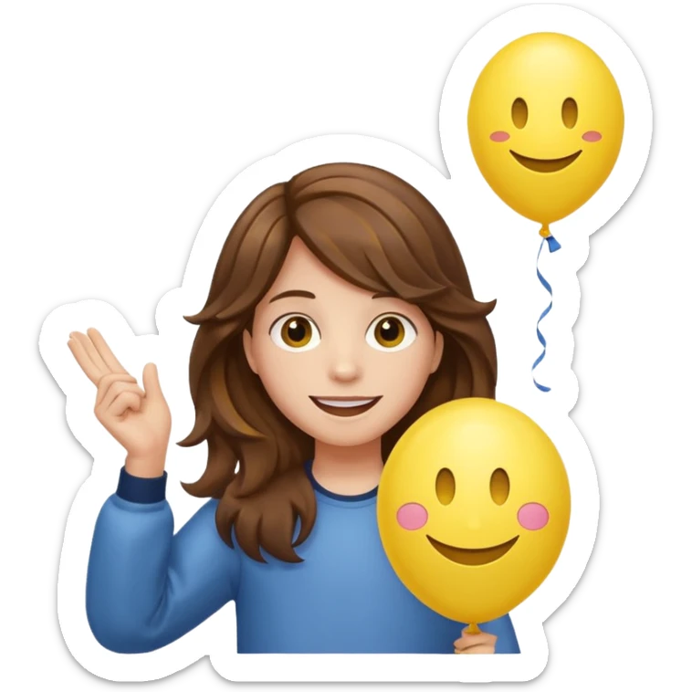 Teen wavy brown hair, with smiley-face balloon sticker