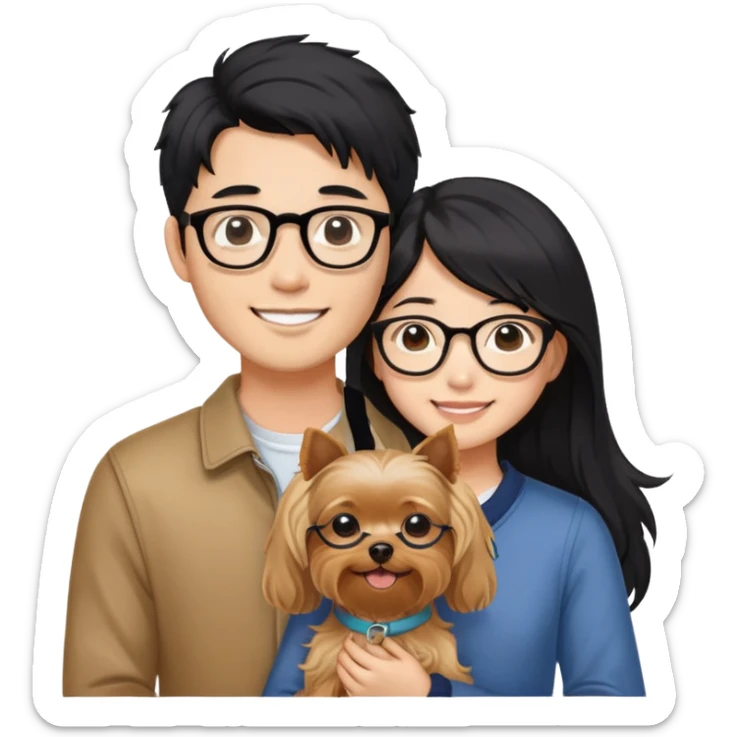 “An Asian girl with long, wavy black hair (loose, no hair tie) next to her smiling boyfriend—a light brown-skinned man with a Korean-style haircut and glasses. Together, they’re holding a small Yorkshire Terrier sticker