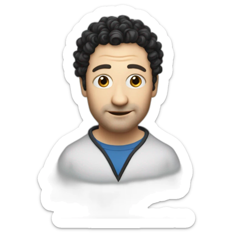 tim robinson face but his hair is shoulder length curly black hair, wide triangular shape sticker