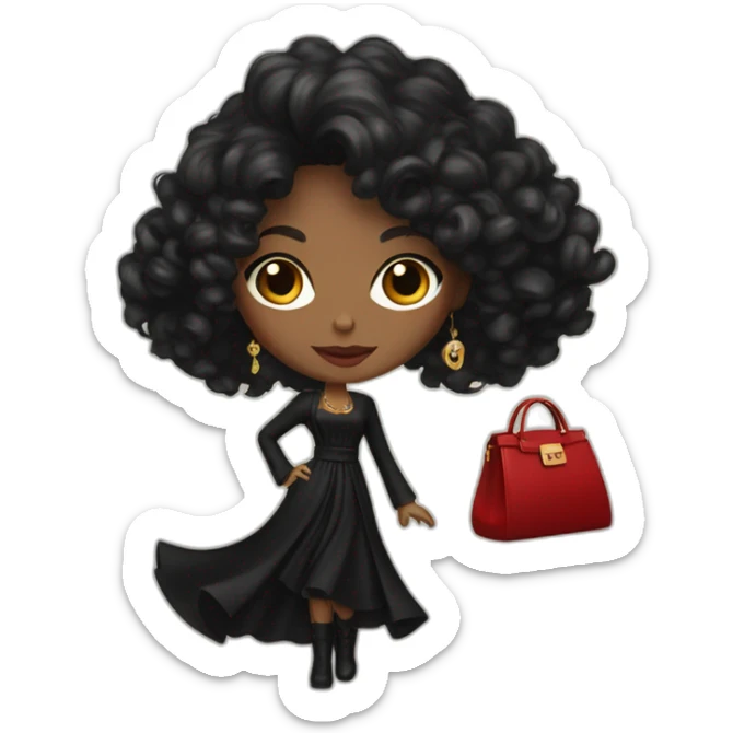 a woman with a long black dress, red boots, black open  coat, red bag, gold jewelry, curly  black hair, blue eyes sticker