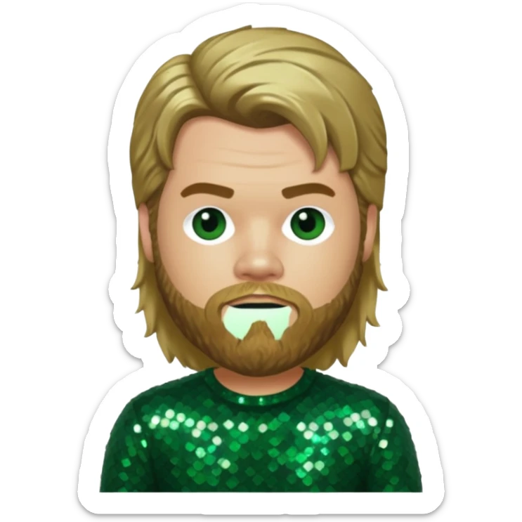 Ryan Dunn from Jackass with long dark blonde hair, dark green sequin outfit sticker