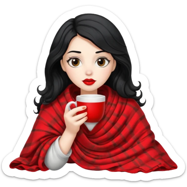 Long wavy Black haired, white skinned, black big eyed girl with red lipstick wrapped in a blanket, sipping tea sticker