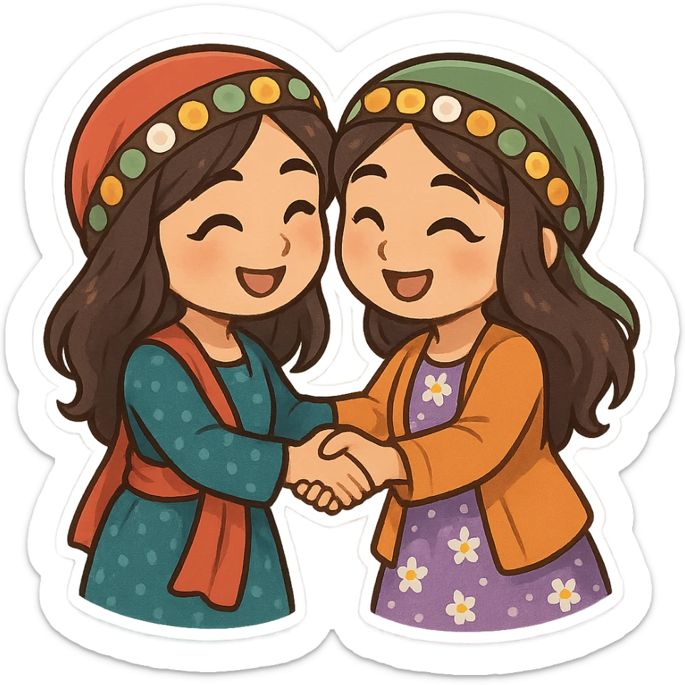 cartoon two Kurdish women in traditional Kurdish clothing friendly greeting with hug or handshake, colorful and cheerful, no text, sticker style suitable for WhatsApp and Instagram sticker