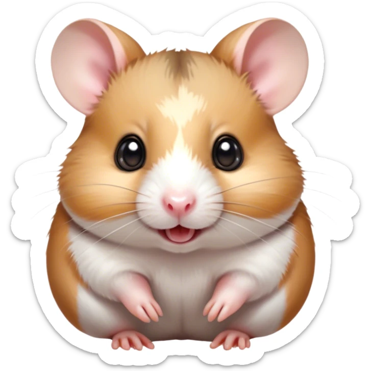 Cinematic Comical Brown and White Banded Hamster Portrait Emoji, Head tilted dramatically with an exaggeratedly amused expression, featuring a striking fur with bold brown and white banded patterns, wide, expressive dark eyes filled with playful disbelief, Simplified yet hilariously expressive features, highly detailed, glowing with a slightly sassy glow, high shine, dramatic yet playful, stylized with an air of cheeky mischief, bright and endearing, soft glowing outline, capturing the essence of a spirited and over-the-top hamster, so meme-worthy it feels like it could side-eye its way into internet fame instantly! sticker