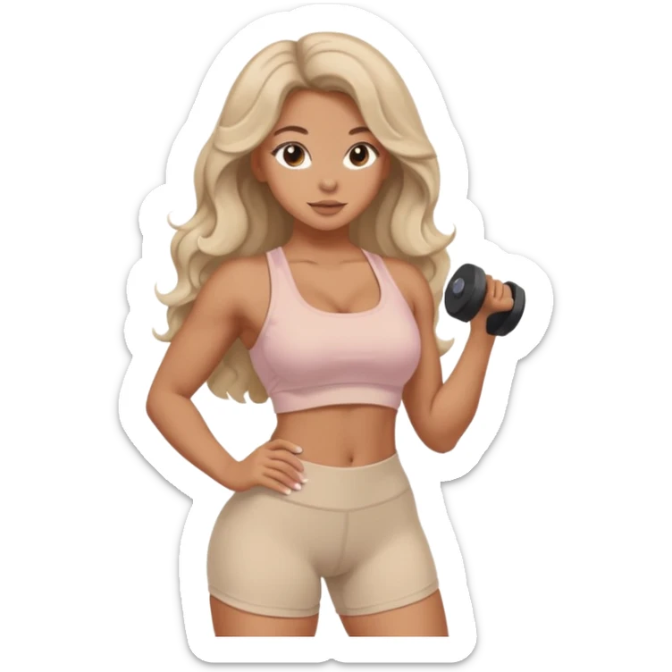 Create dream body girl with big glute and small waist and wavy curl long hair with pastel beige gym clothes  sticker