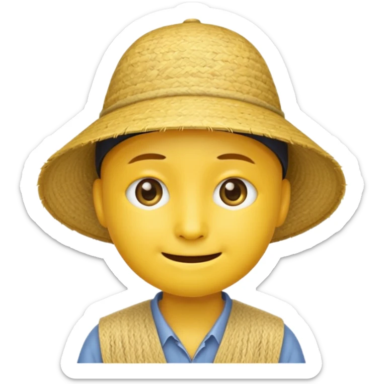 Yellow emoji smiley face with stereotypical Chinese facial features and rice farmer hat. Eyes very narrow sticker