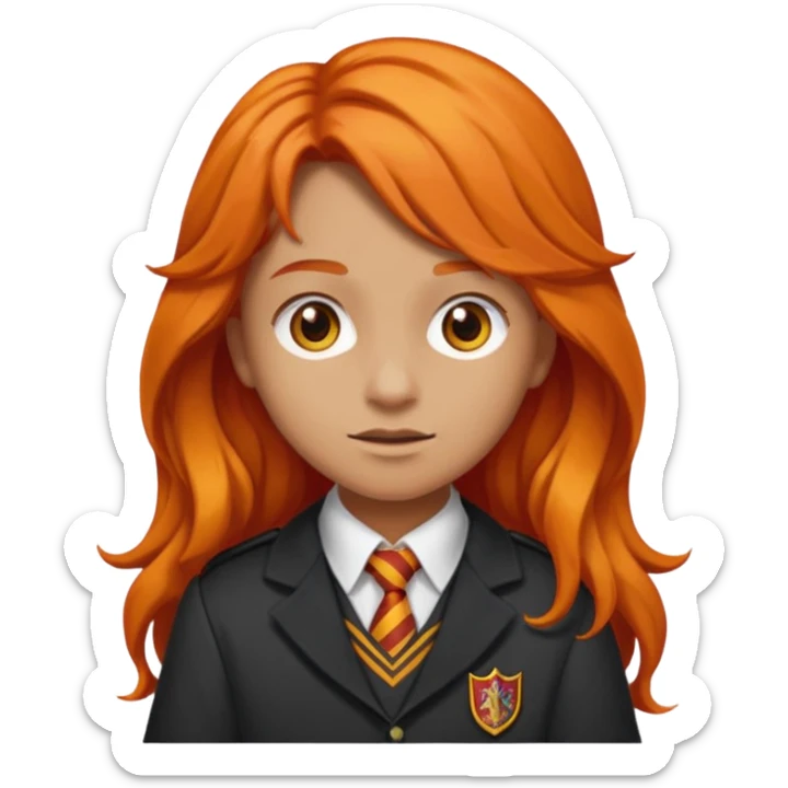 A iphone emoji with long wavy fierce orange hair and hazel eyes, wearing Gryffindor school uniform sticker