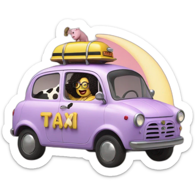 Oprah is mr blobby with a sword eating a live cow in a yellow taxi on the moon sticker