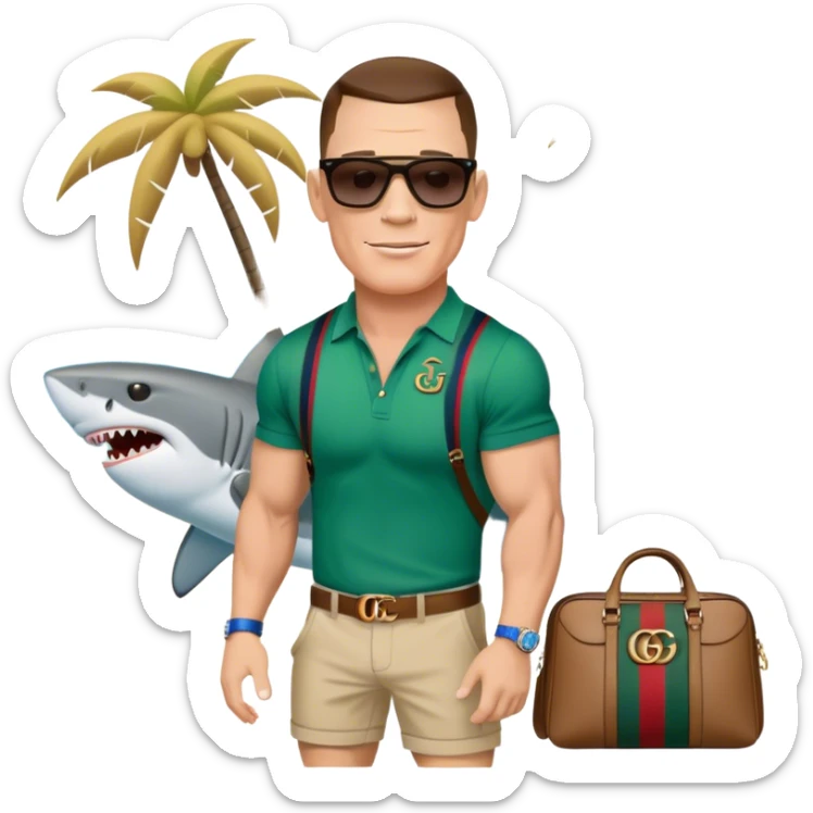 John Cena wearing Gucci sunglasses and a Gucci bag at the beach in Florida on a shark sticker