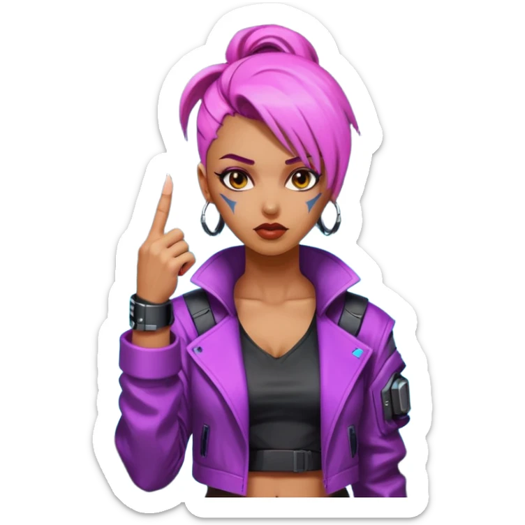Woman with her tongue out in cyberpunk clothing and giving the middle finger. Looking naughty. sticker