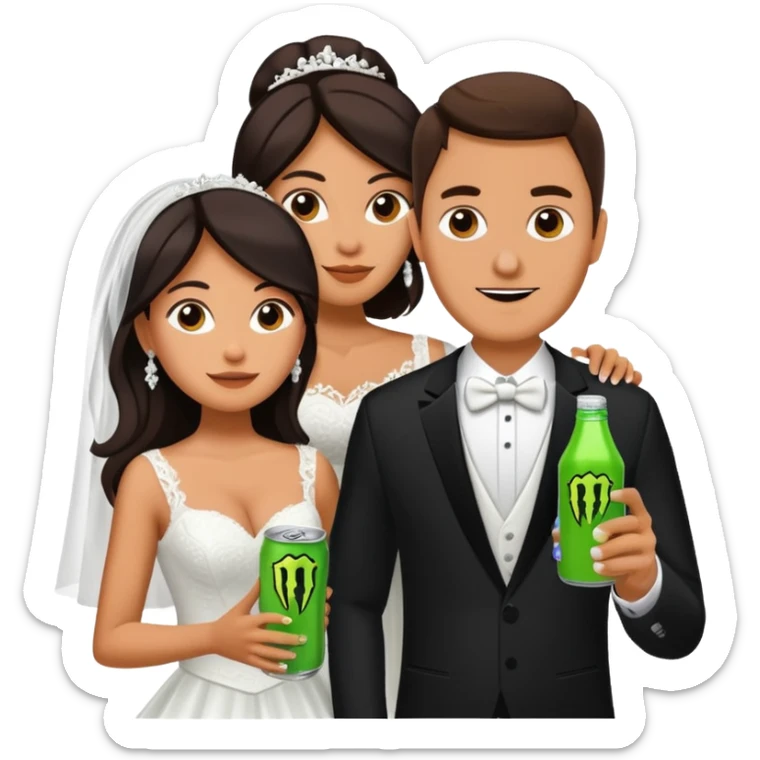 mexican wife in white wedding dress and white husband in wedding suit holding monster energy drink sticker
