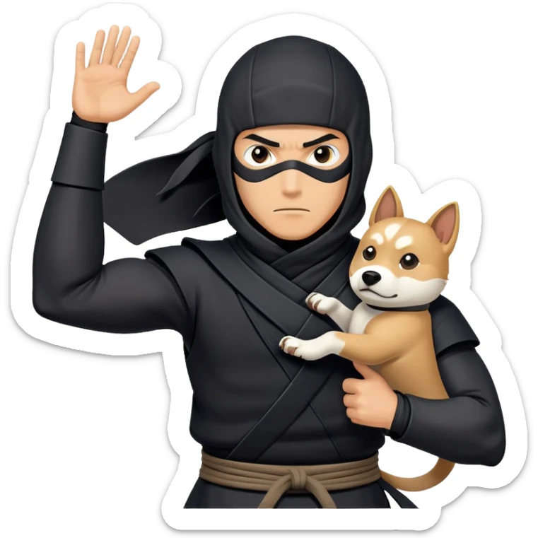clash-of-clans-aesthetic_-cinematic-mysterious-male-ninja-portrait-emoji, rendered in a flat, vector-style with minimal shading and bold, simplified shapes, his arm is stretched out  with a head slightly turned revealing intense, focused eyes. the ninja is accompanied by a Ninken dog sticker