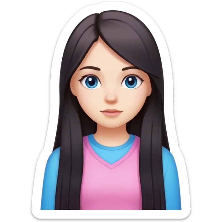 a white girl with straight dark long hair and wear pink and blue cute outfits sticker