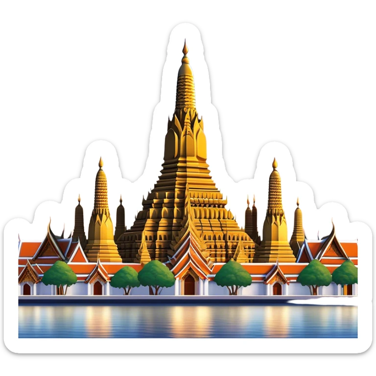 Cinematic Realistic Wat Arun Landmark Emoji, depicted with majestic temple spires illuminated against twilight rendered with intricate detail and soft, ethereal lighting. sticker