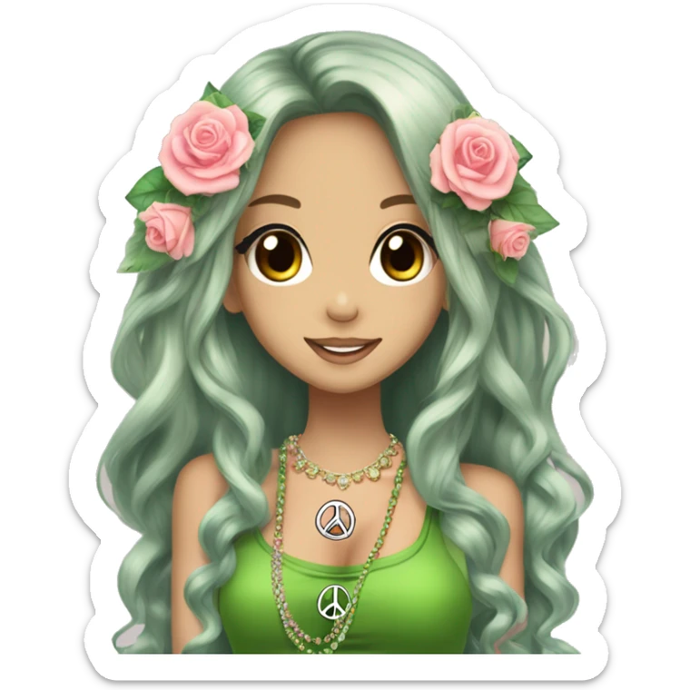 hime gyaru girl, hippie, long brunette hair with roses in hair, crystal jewelry, green top, peace sign hand logo sticker