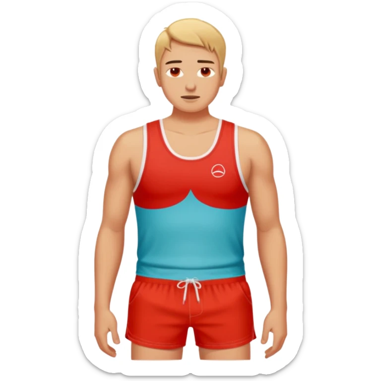 image of person in swimshorts which is sunburned - the skin is red, on the person chest it should be white (as a white outline of a tank top)  sticker