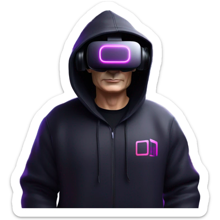 Vladimir Putin wearing a black hoodie with "OMG" letters on it and VR headset oculus quest 2 in a cyberpunk VR environment with violet neon lighting. sticker