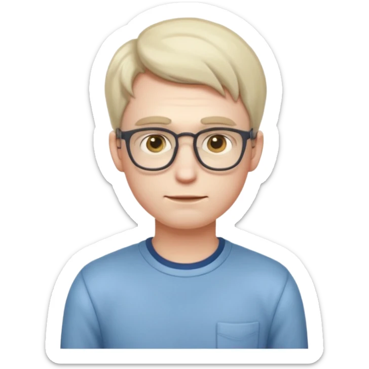 A realistic adult male character with pale skin, soft features, slightly shy expression, slim build, subtle blushing, wearing casual nerdy clothes, standing timidly, styled in a mature, clean, semi-realistic emoji style with soft shading, readable at small icon size sticker