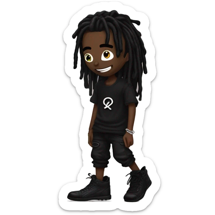 playboi carti balck dreads with black shirt on that says opium with this symbol “*” with black pants and rick owens shoes on and also black durag sticker