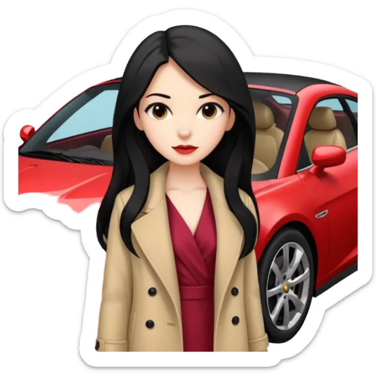 A fast, expensive black car with a young woman beside it The young woman has long black hair, wears a beige formal coat, and underneath is a cherry-colored dress.   sticker