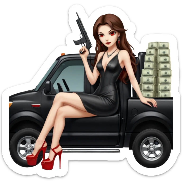 Lilith symbol red eye seductress evil long brown haired sexy succubus woman with leather long dress with slit on, sitting in Big Large F350 pickup truck. Platform long high heels on feet. Back seat full of stacks of cash, she is  Holding a human skull of her enemies in car and a gun in other hand sticker