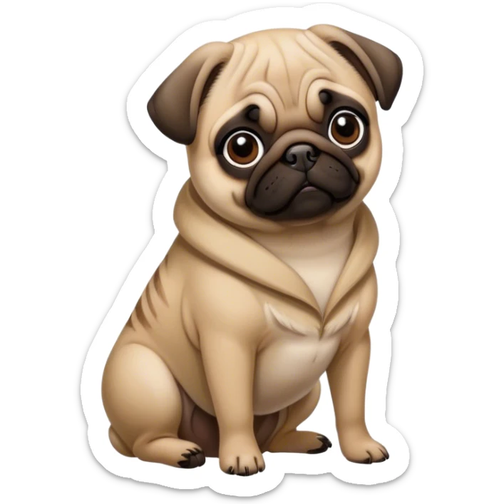 Cinematic Noble Fawn Pug Portrait Emoji, Poised and regal, with a compact, sturdy build and a sleek, well-groomed fawn coat, deep-set soulful dark eyes, Simplified yet sharp and sophisticated features, highly detailed, glowing with a soft, dignified glow, high shine, intelligent and spirited, stylized with an air of confidence, focused and attentive, soft glowing outline, capturing the essence of a watchful and commanding companion, so majestic it feels as though it could prance out of the screen with effortless authority! sticker