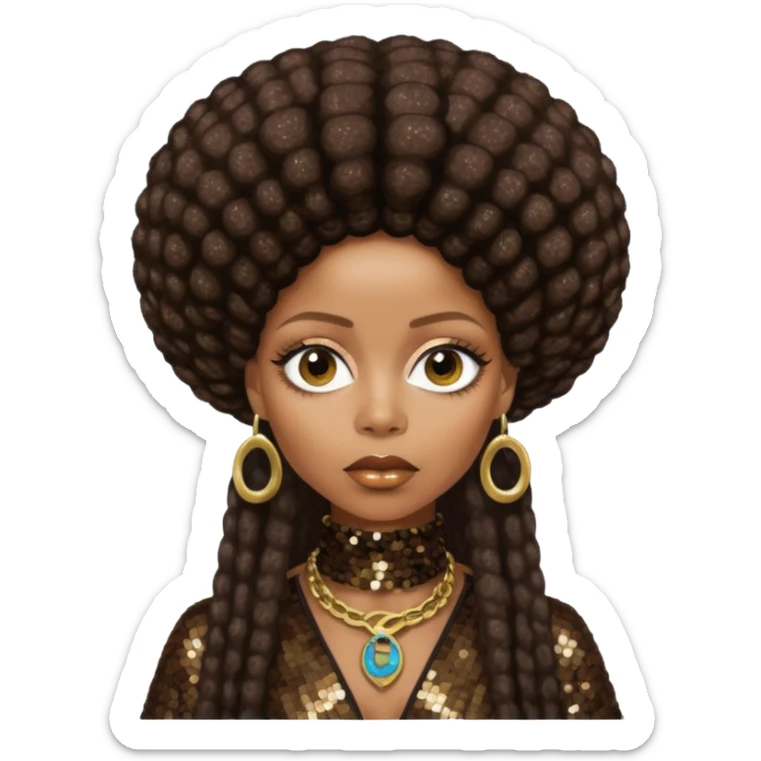Erykah Badu with dark brown hair, dark brown sequin outfit sticker