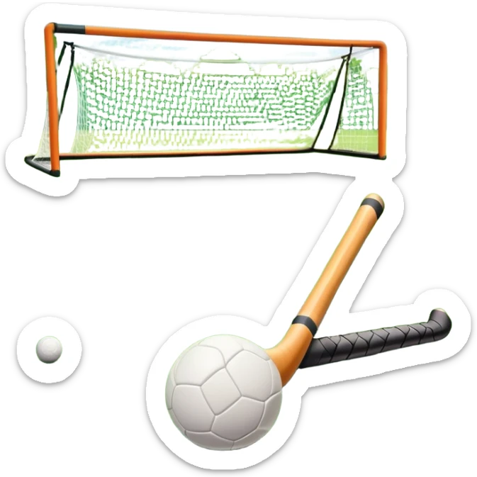 Hockey on grass. A field hockey stick and ball resting on a well-maintained grass field, with the goalposts and markings visible in the background. The scene highlights the precision and focus of the sport, with the vibrant green pitch creating a dynamic atmosphere. sticker
