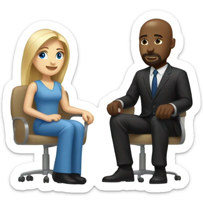 Blonde woman with blue eyes and long straight hair and black man who is bald with a goatee seated together with their legs touching. sticker