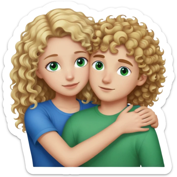 Girl with blond curly hair and blue eyes hugging boy with brown hair and green eyes sticker