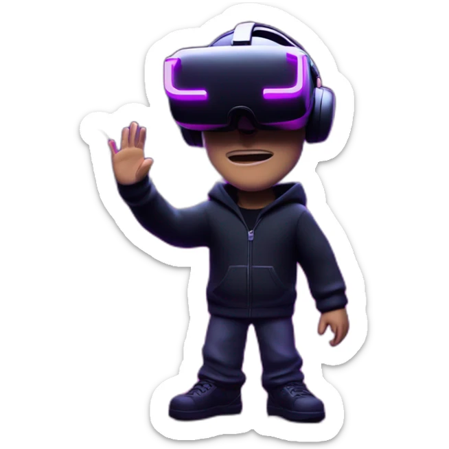 Steve Jobs wearing a black hoodie with "OMG" letters on it and VR headset in a cyberpunk VR environment with violet neon lighting. sticker