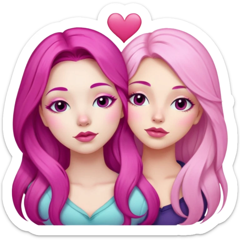 gorgeous pale girl with long magenta pink hair latina makeup next to a gorgeous blonde girl with a light pink heart above them in between eyes closed making duck lips faces sticker