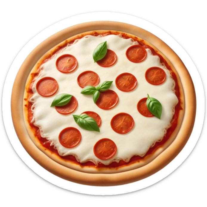Cinematic Realistic Pizza Napoletana Dish Emoji, depicted as a classic thin‚Äêcrust pizza topped with vibrant tomato sauce, fresh mozzarella, and basil rendered with mouth‚Äêwatering textures and warm natural lighting. sticker