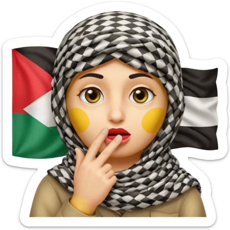 yellow-faced emoji with large eyes making a shushing gesture finger on lips wearing traditional Palestinian keffiyeh wrapped around head with Palestinian flag subtly incorporated into design sticker