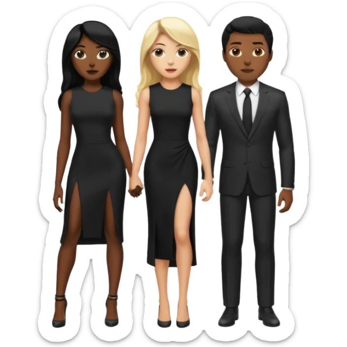 Blonde woman, black, Long, tight, sleveless Dress, Slot left Leg,man in suit sticker